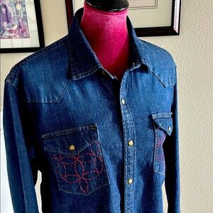 Up-cycled Wrangler Denim Button-Up Shirt - androgynous Sashiko stitching